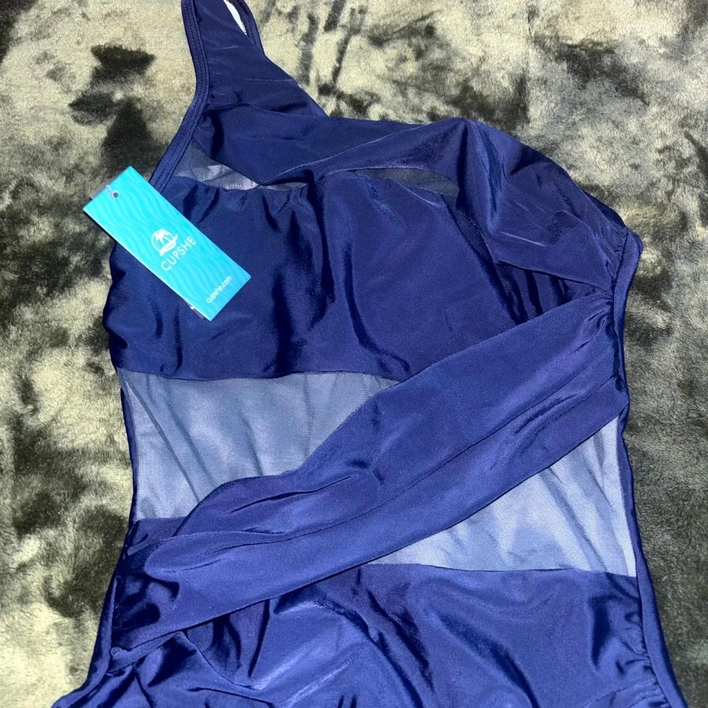 CUPSHE One Shoulder Mesh Swimsuit One Piece Womens XS‎ Navy Tummy Contouring